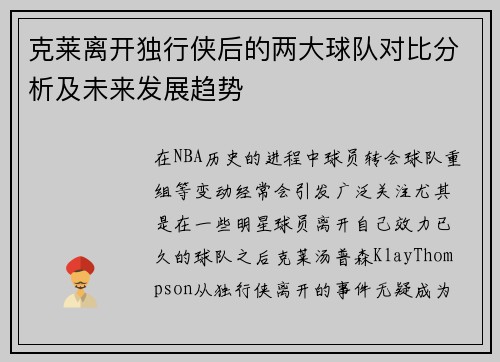 克莱离开独行侠后的两大球队对比分析及未来发展趋势